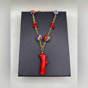 🪸Coral and Vintage Italian Millefiori Glass Beaded Chain Necklace